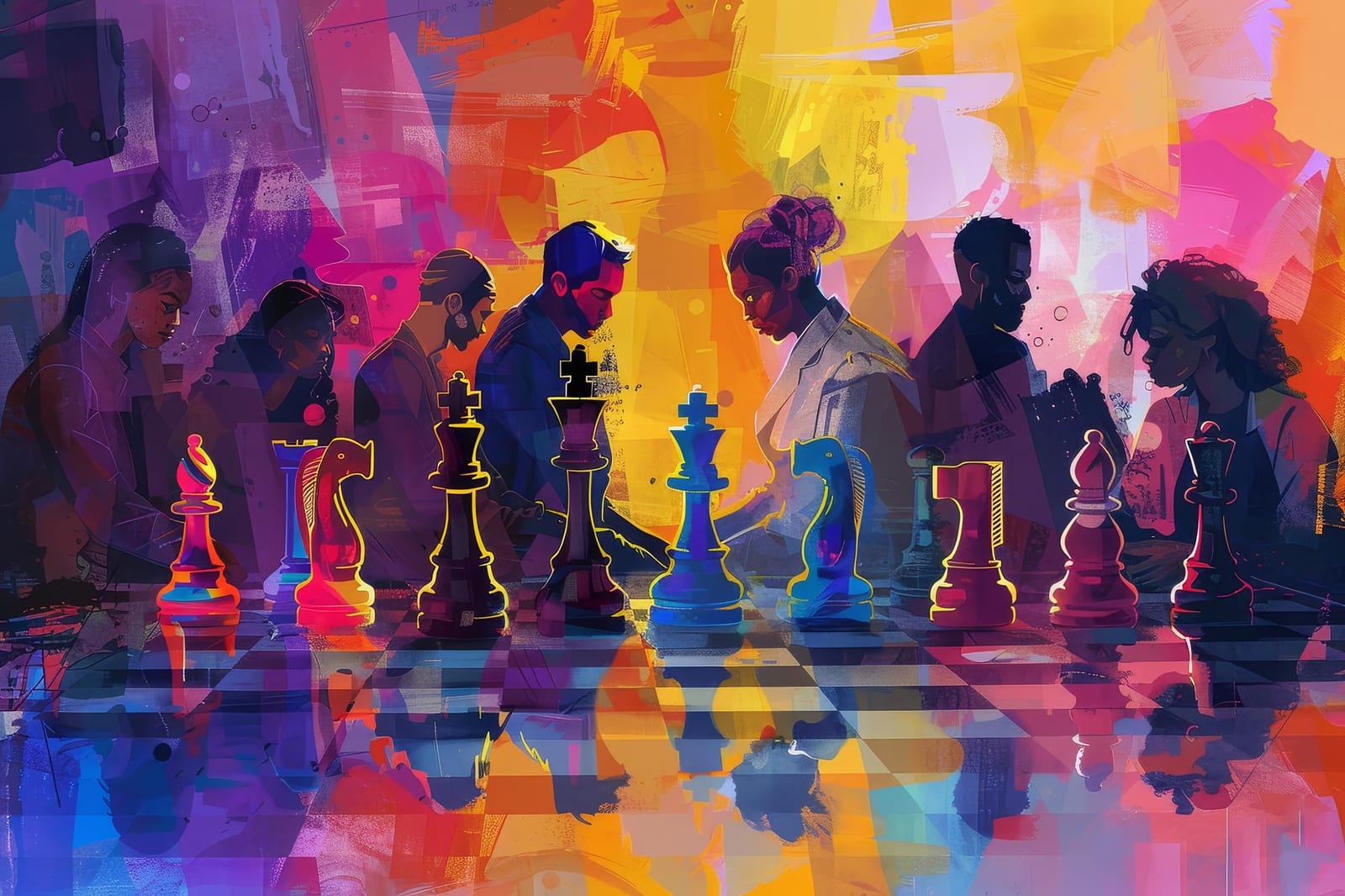 Participantes diversos reunidos em um torneio de xadrez animado